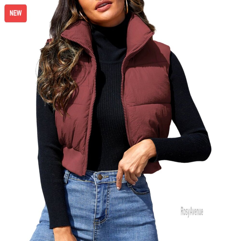 Cropped Puffer Vest Lightweight Quilted Winter Outerwear Sleeveless Jacket